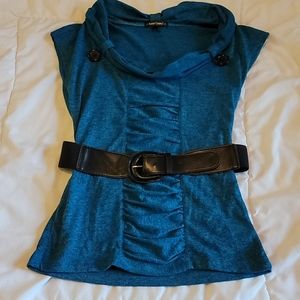 Cute Dark Bluish-turquoise Blouse with Black Belt